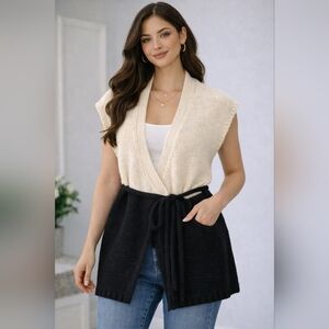Kenneth Cole New York Open Knit Belted Cardigan Cream Black